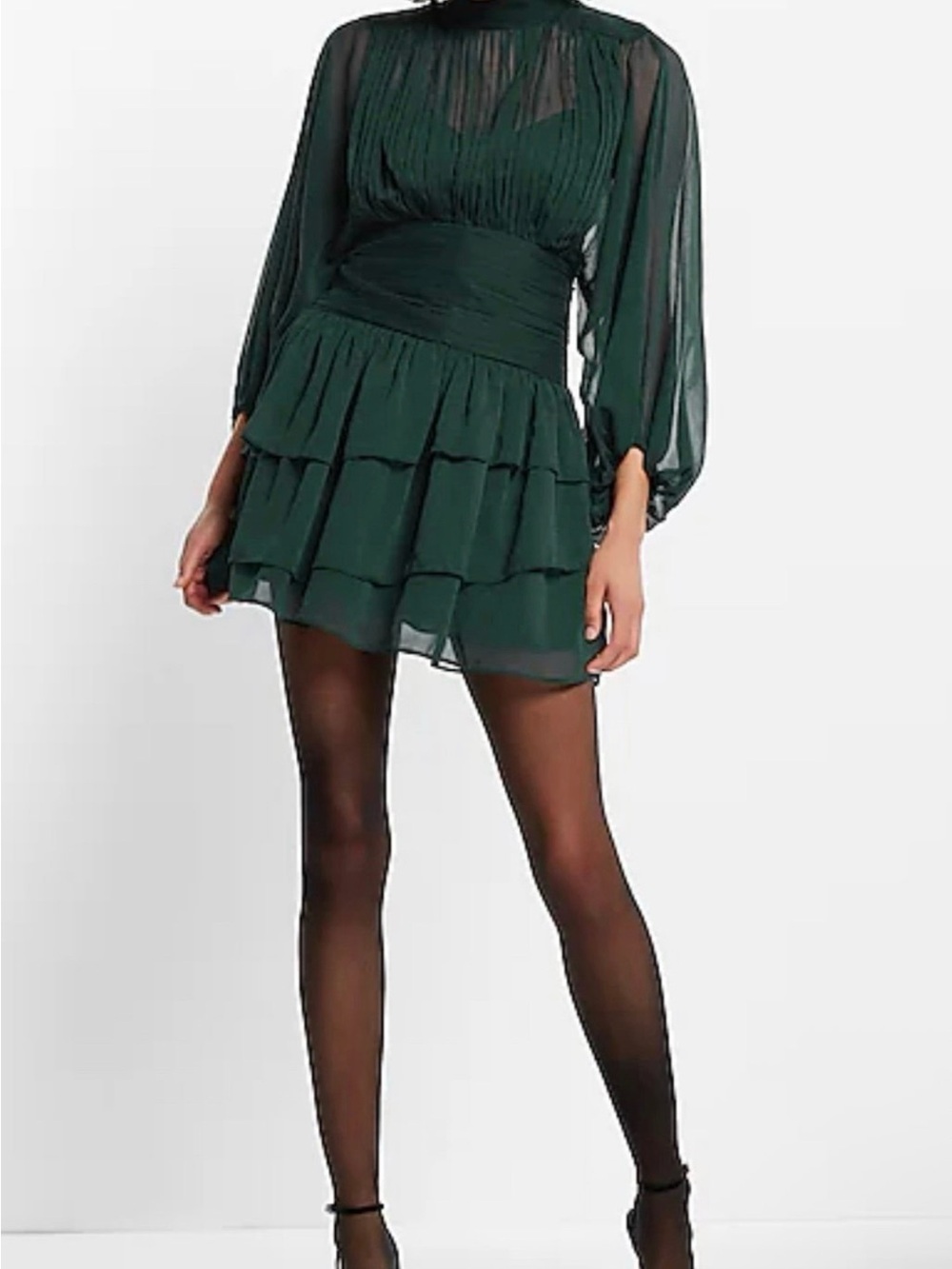 Express Mock Neck Long Sleeve Pleated Waist Tiered Ruffle Emerald Green Dress
